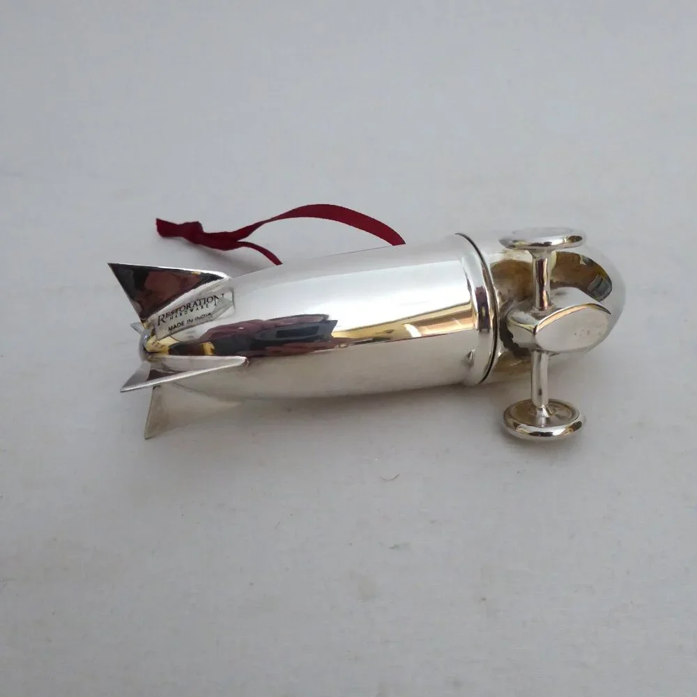 NEW 4.25” RESTORATION HARDWARE ZEPPELIN SILVER COCKTAIL SHAKER ORNAMENT